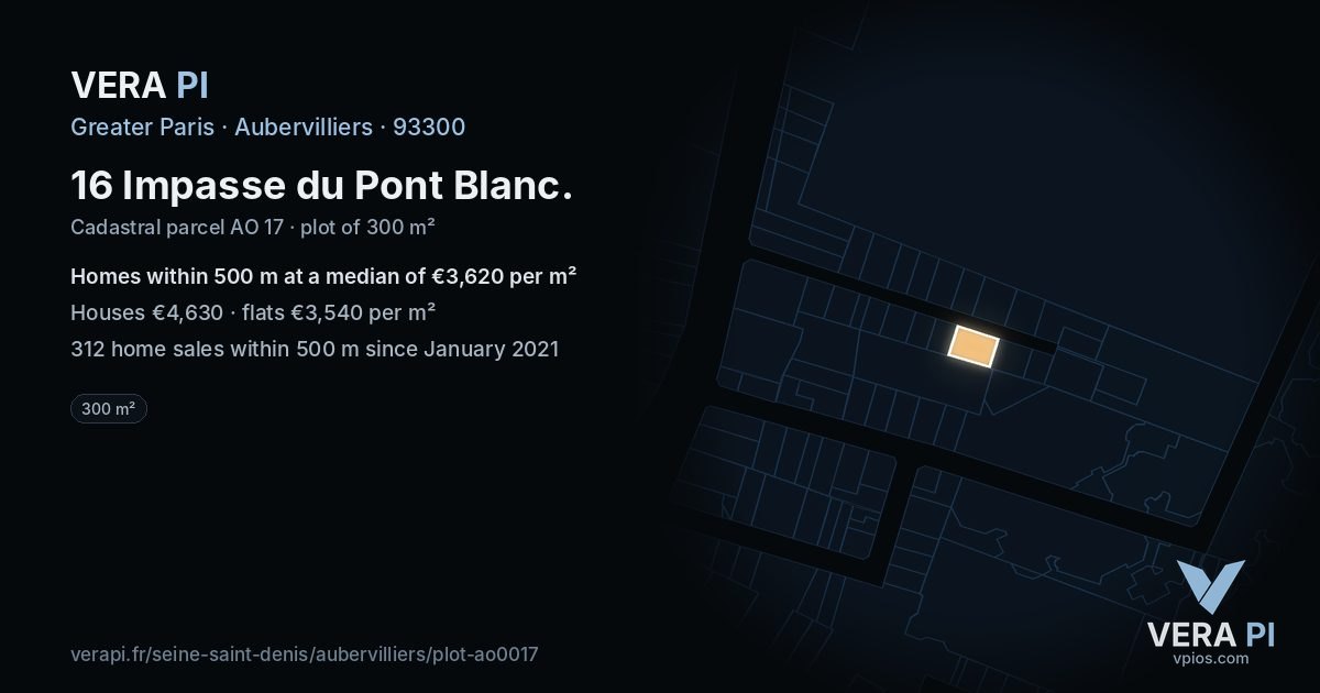 16 Impasse du Pont Blanc, Aubervilliers at night – the plot lit, the parcels around coloured by the prices near them