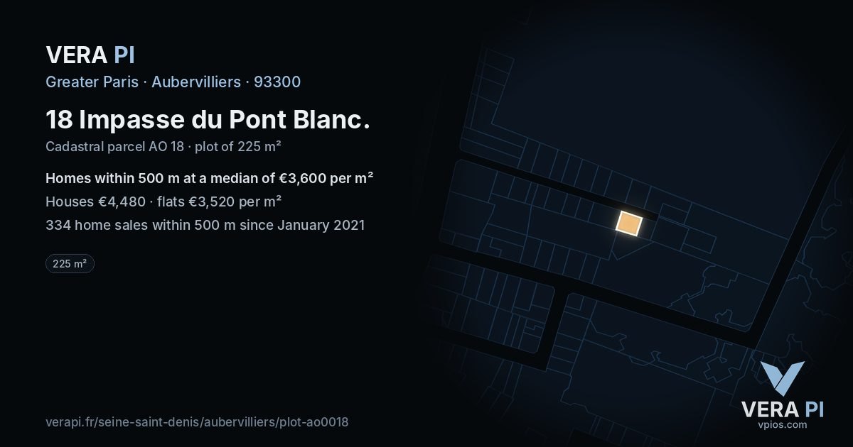 18 Impasse du Pont Blanc, Aubervilliers at night – the plot lit, the parcels around coloured by the prices near them