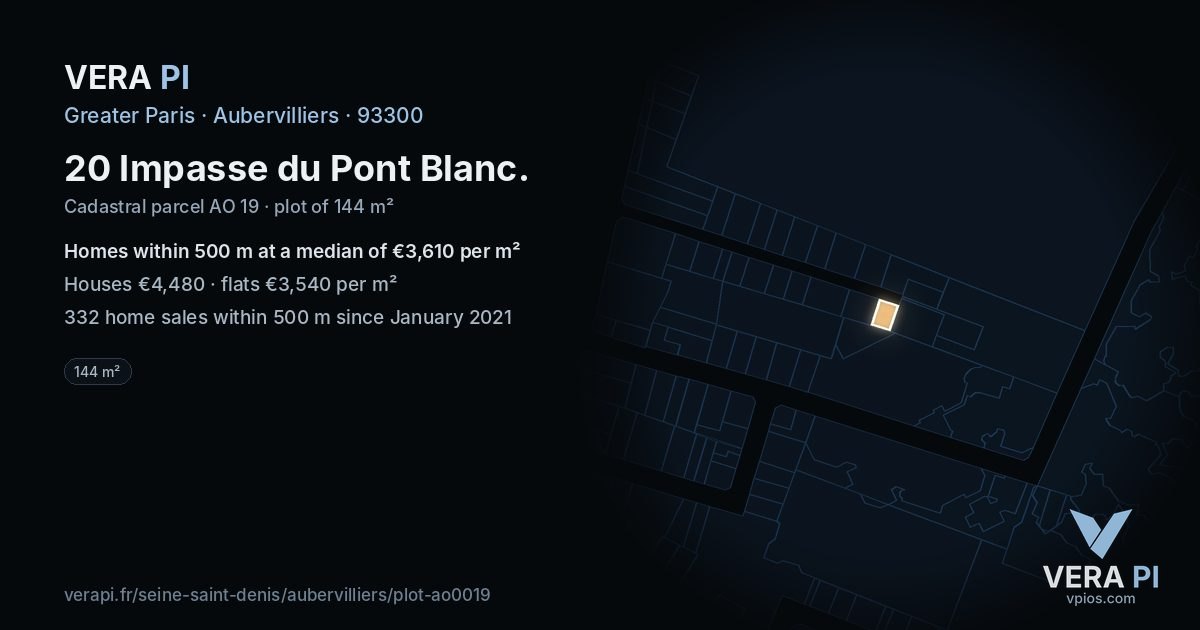 20 Impasse du Pont Blanc, Aubervilliers at night – the plot lit, the parcels around coloured by the prices near them