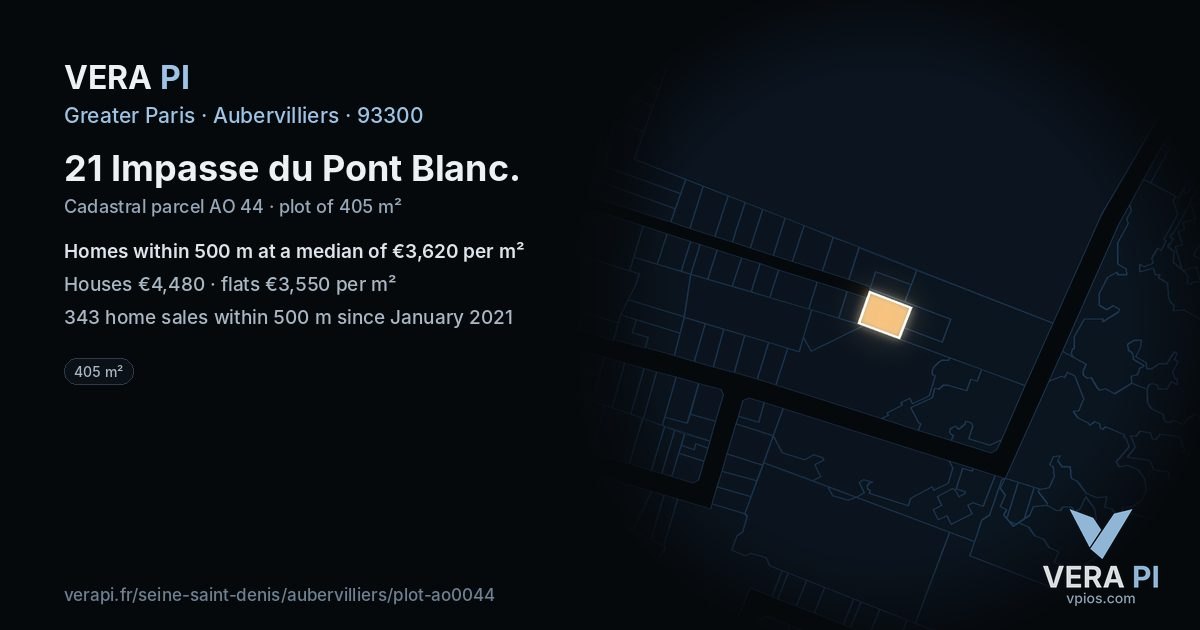 21 Impasse du Pont Blanc, Aubervilliers at night – the plot lit, the parcels around coloured by the prices near them