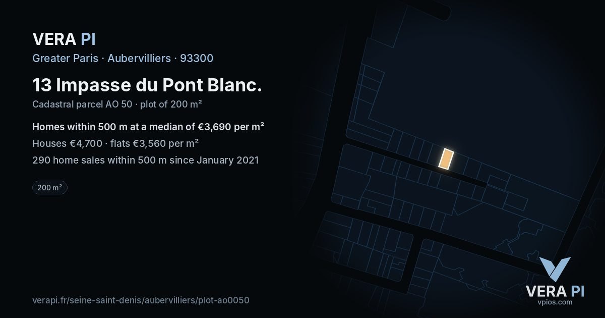 13 Impasse du Pont Blanc, Aubervilliers at night – the plot lit, the parcels around coloured by the prices near them