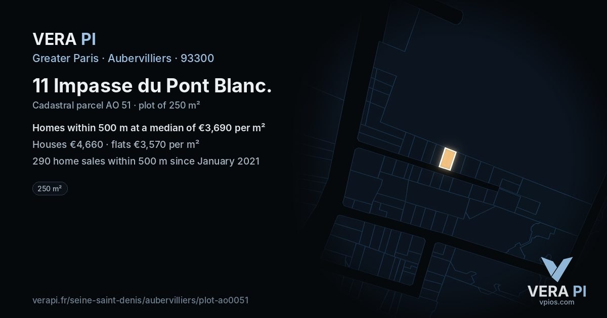 11 Impasse du Pont Blanc, Aubervilliers at night – the plot lit, the parcels around coloured by the prices near them