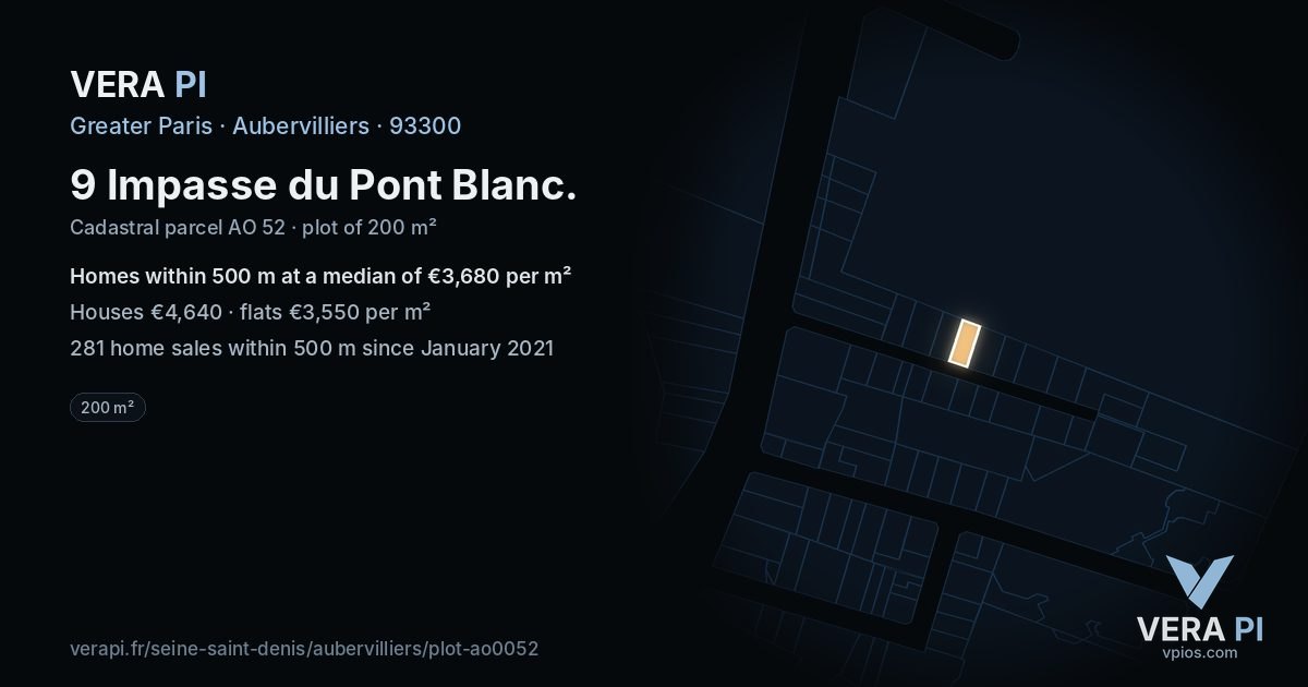 9 Impasse du Pont Blanc, Aubervilliers at night – the plot lit, the parcels around coloured by the prices near them