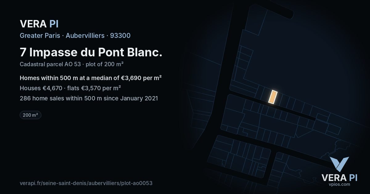 7 Impasse du Pont Blanc, Aubervilliers at night – the plot lit, the parcels around coloured by the prices near them