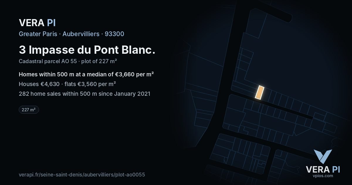 3 Impasse du Pont Blanc, Aubervilliers at night – the plot lit, the parcels around coloured by the prices near them