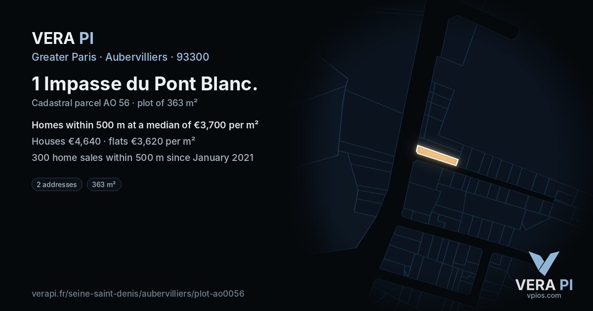1 Impasse du Pont Blanc, Aubervilliers at night – the plot lit, the parcels around coloured by the prices near them