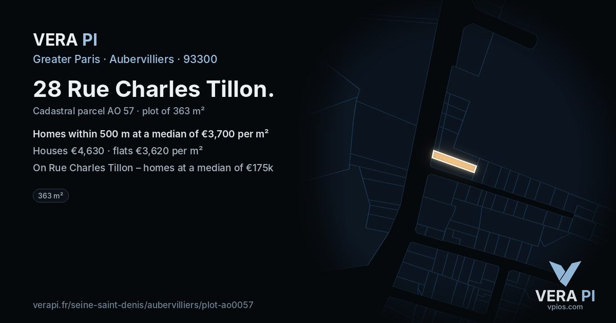 28 Rue Charles Tillon, Aubervilliers at night – the plot lit, the parcels around coloured by the prices near them
