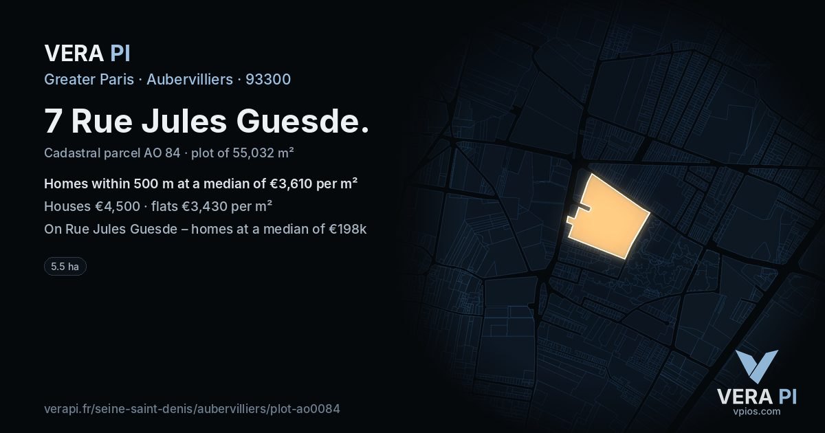 7 Rue Jules Guesde, Aubervilliers at night – the plot lit, the parcels around coloured by the prices near them