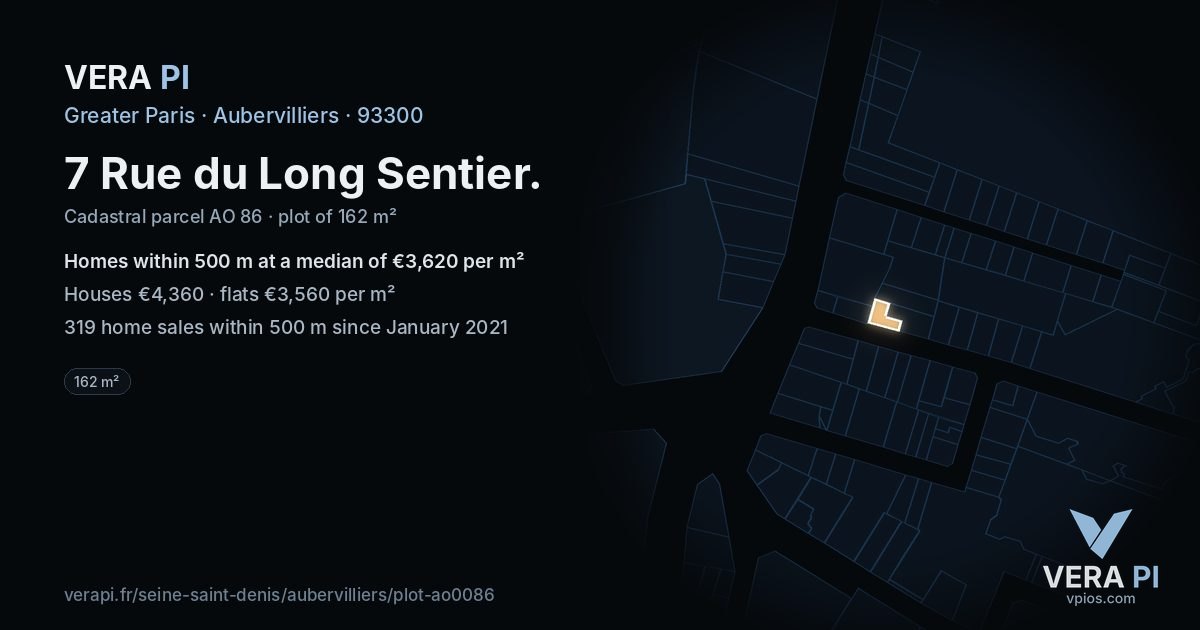 7 Rue du Long Sentier, Aubervilliers at night – the plot lit, the parcels around coloured by the prices near them