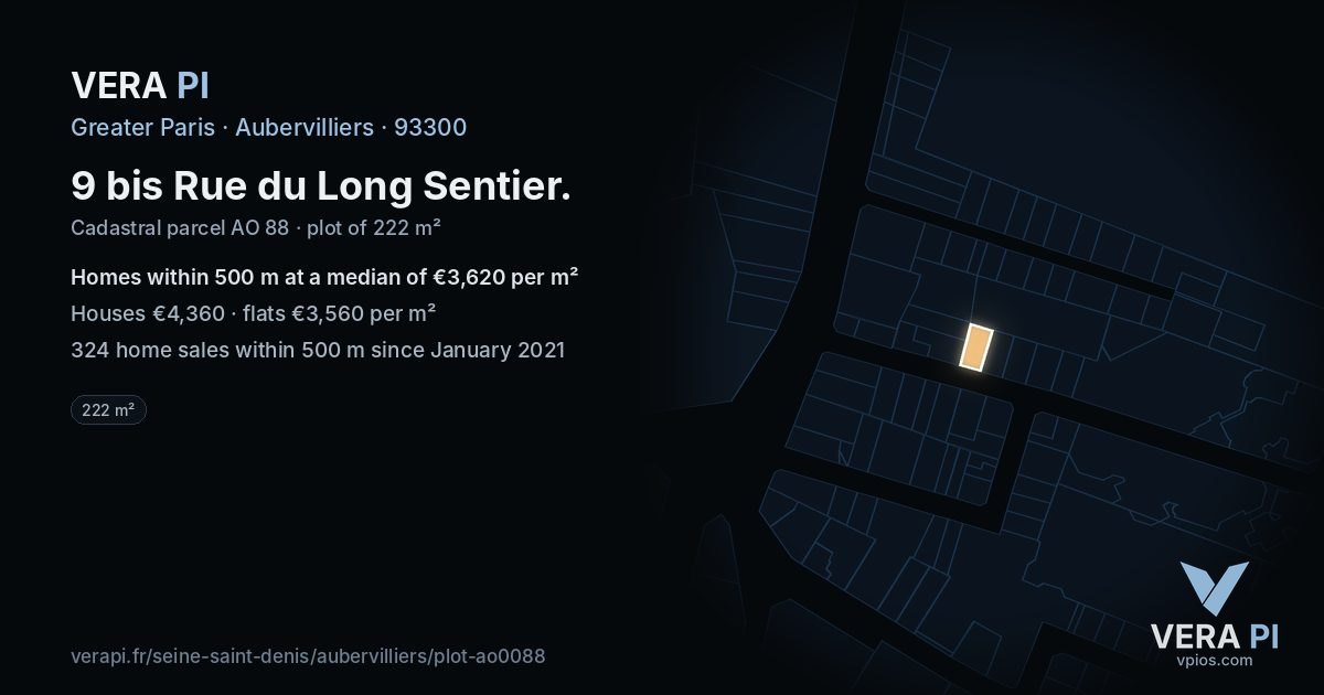 9 bis Rue du Long Sentier, Aubervilliers at night – the plot lit, the parcels around coloured by the prices near them