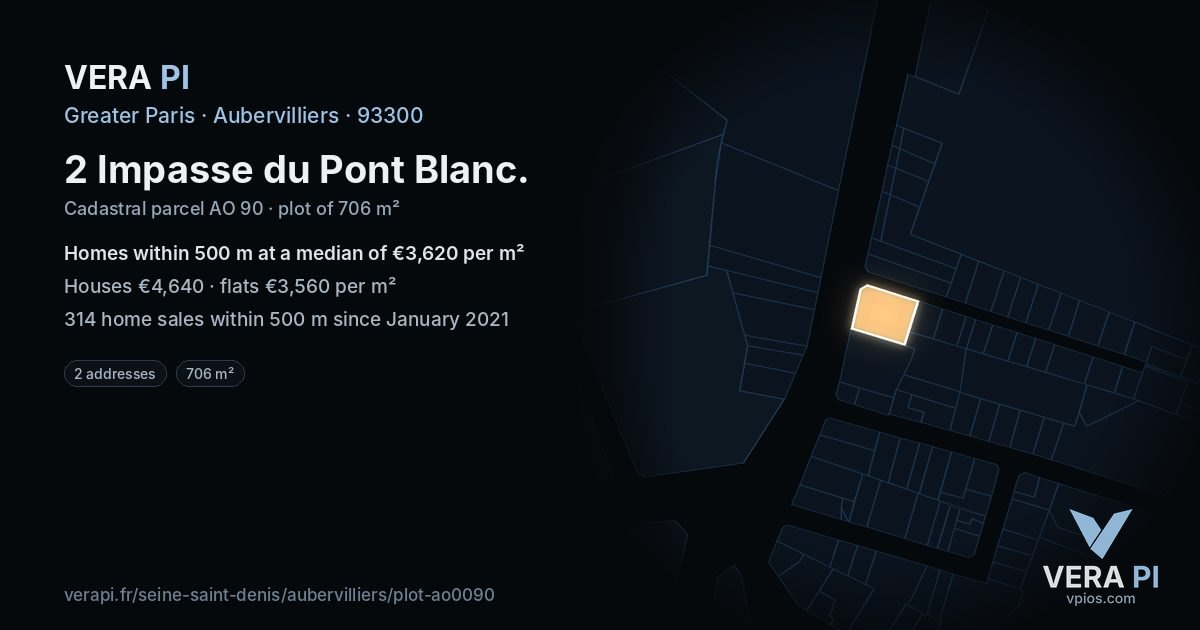 2 Impasse du Pont Blanc, Aubervilliers at night – the plot lit, the parcels around coloured by the prices near them