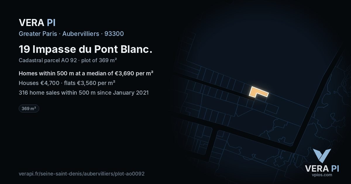 19 Impasse du Pont Blanc, Aubervilliers at night – the plot lit, the parcels around coloured by the prices near them