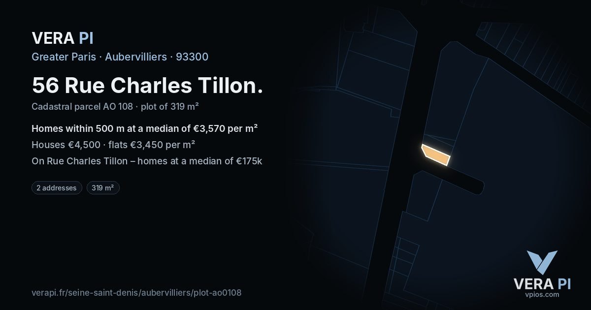 56 Rue Charles Tillon, Aubervilliers at night – the plot lit, the parcels around coloured by the prices near them