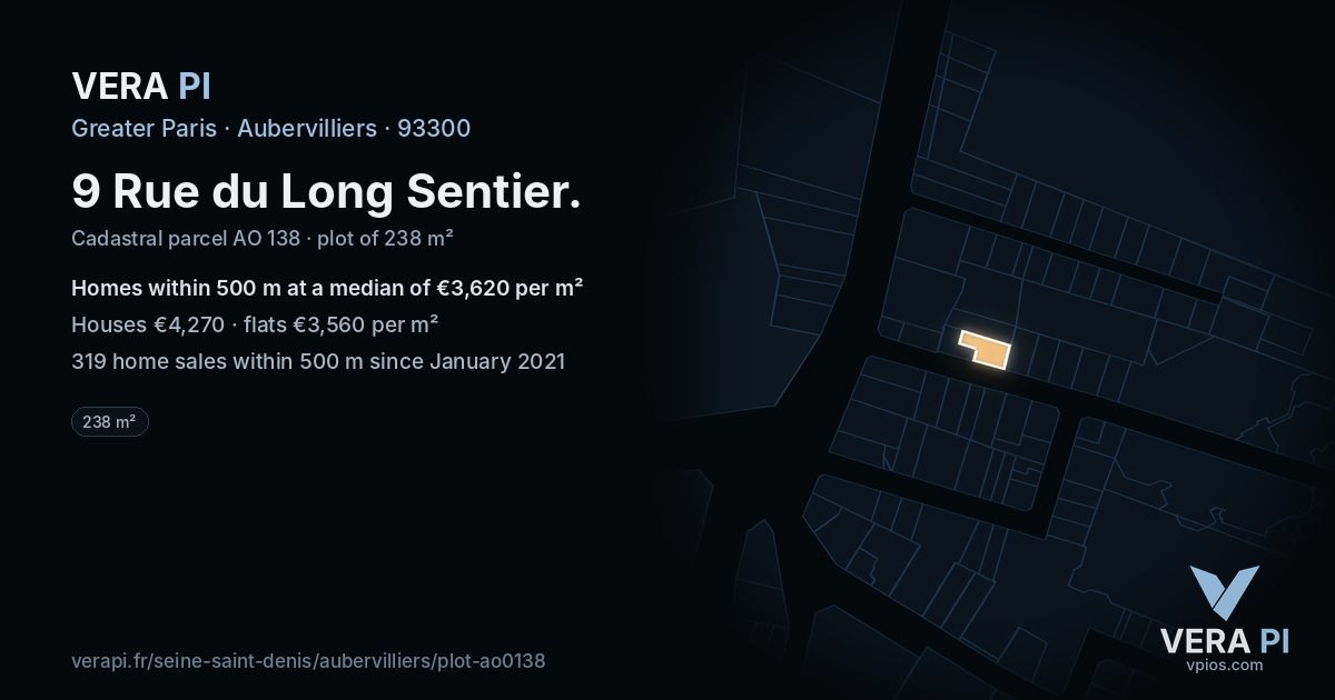 9 Rue du Long Sentier, Aubervilliers at night – the plot lit, the parcels around coloured by the prices near them