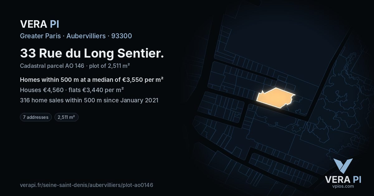 33 Rue du Long Sentier, Aubervilliers at night – the plot lit, the parcels around coloured by the prices near them