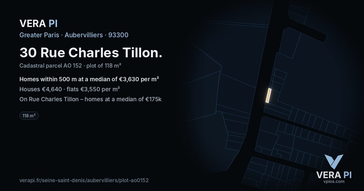 30 Rue Charles Tillon, Aubervilliers at night – the plot lit, the parcels around coloured by the prices near them