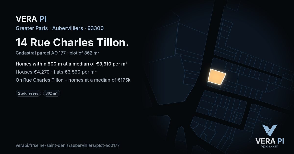 14 Rue Charles Tillon, Aubervilliers at night – the plot lit, the parcels around coloured by the prices near them
