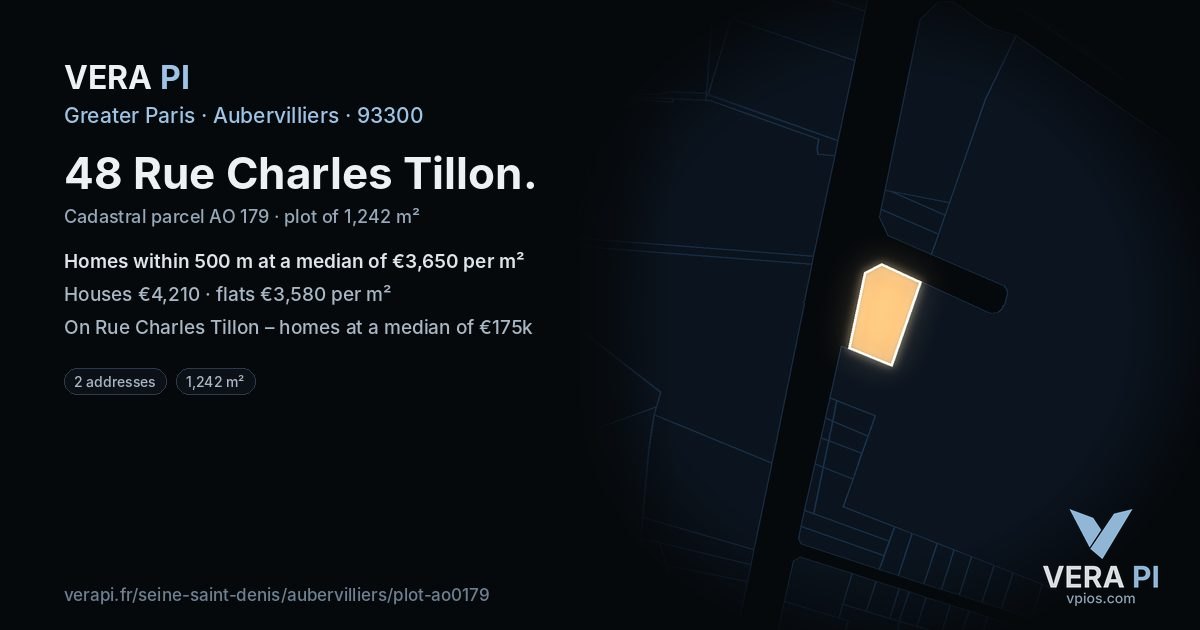 48 Rue Charles Tillon, Aubervilliers at night – the plot lit, the parcels around coloured by the prices near them