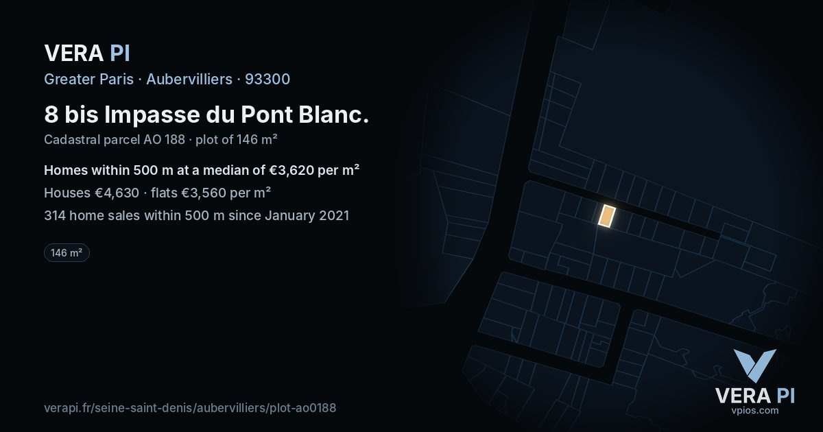 8 bis Impasse du Pont Blanc, Aubervilliers at night – the plot lit, the parcels around coloured by the prices near them