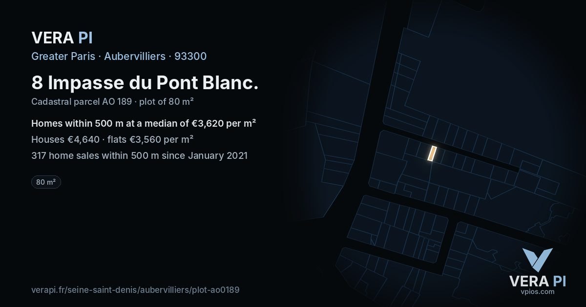 8 Impasse du Pont Blanc, Aubervilliers at night – the plot lit, the parcels around coloured by the prices near them