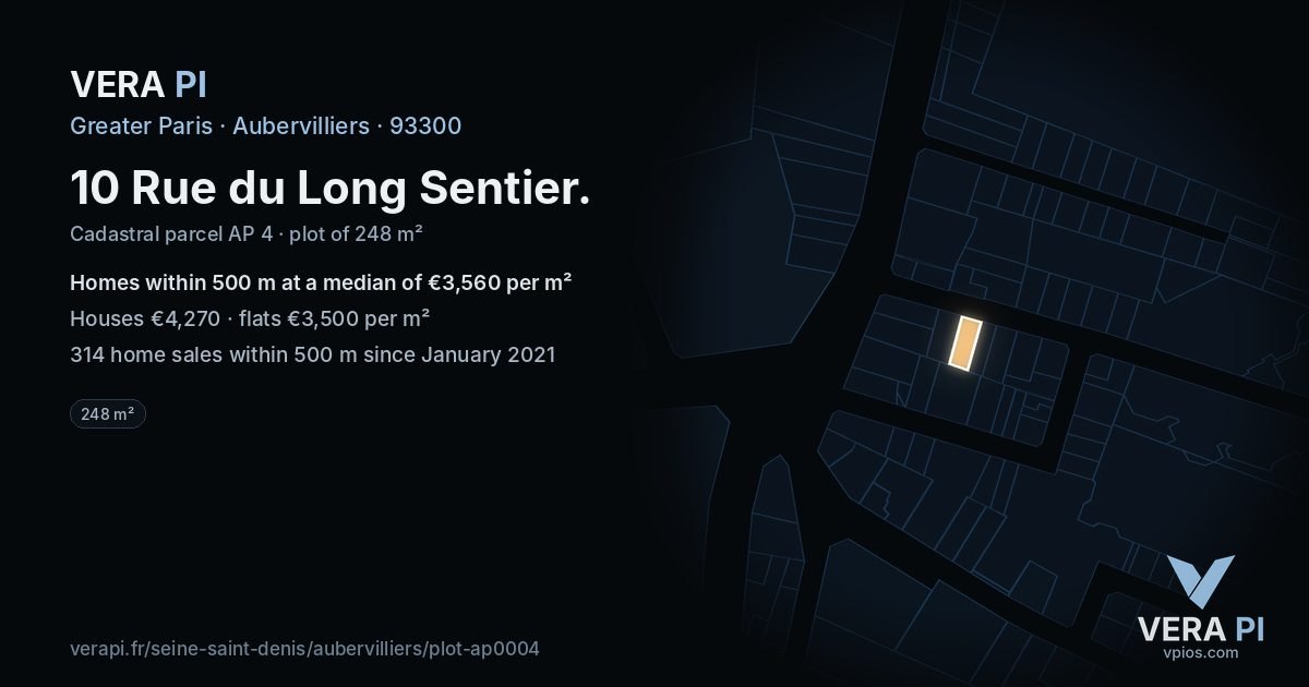 10 Rue du Long Sentier, Aubervilliers at night – the plot lit, the parcels around coloured by the prices near them