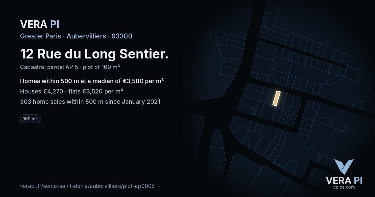 12 Rue du Long Sentier, Aubervilliers at night – the plot lit, the parcels around coloured by the prices near them