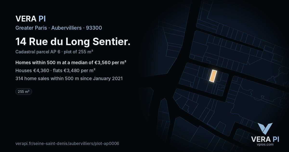 14 Rue du Long Sentier, Aubervilliers at night – the plot lit, the parcels around coloured by the prices near them