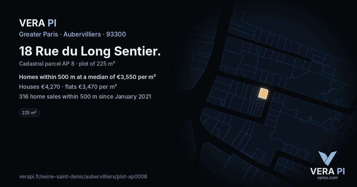 18 Rue du Long Sentier, Aubervilliers at night – the plot lit, the parcels around coloured by the prices near them