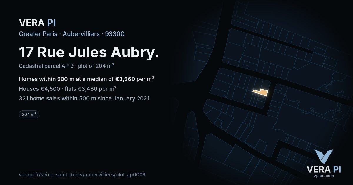 17 Rue Jules Aubry, Aubervilliers at night – the plot lit, the parcels around coloured by the prices near them