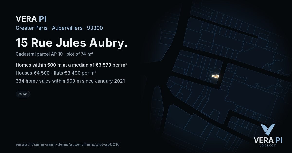 15 Rue Jules Aubry, Aubervilliers at night – the plot lit, the parcels around coloured by the prices near them