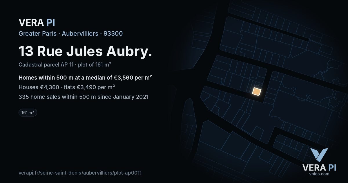 13 Rue Jules Aubry, Aubervilliers at night – the plot lit, the parcels around coloured by the prices near them