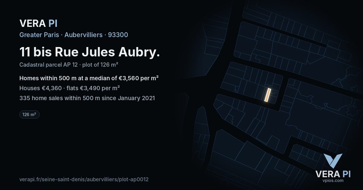 11 bis Rue Jules Aubry, Aubervilliers at night – the plot lit, the parcels around coloured by the prices near them