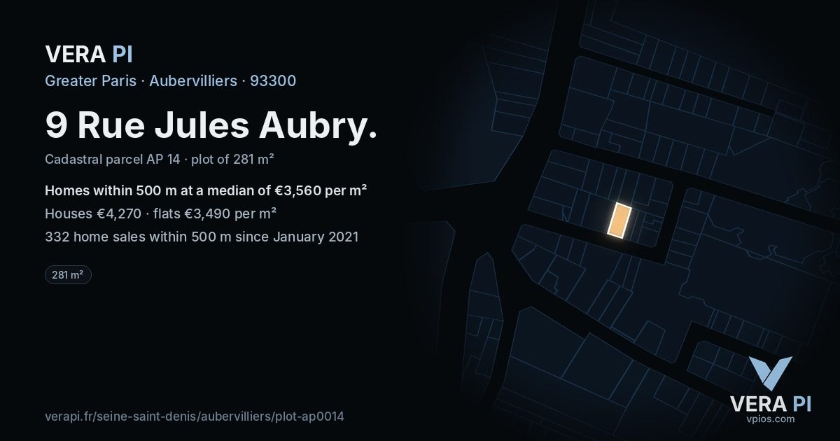9 Rue Jules Aubry, Aubervilliers at night – the plot lit, the parcels around coloured by the prices near them