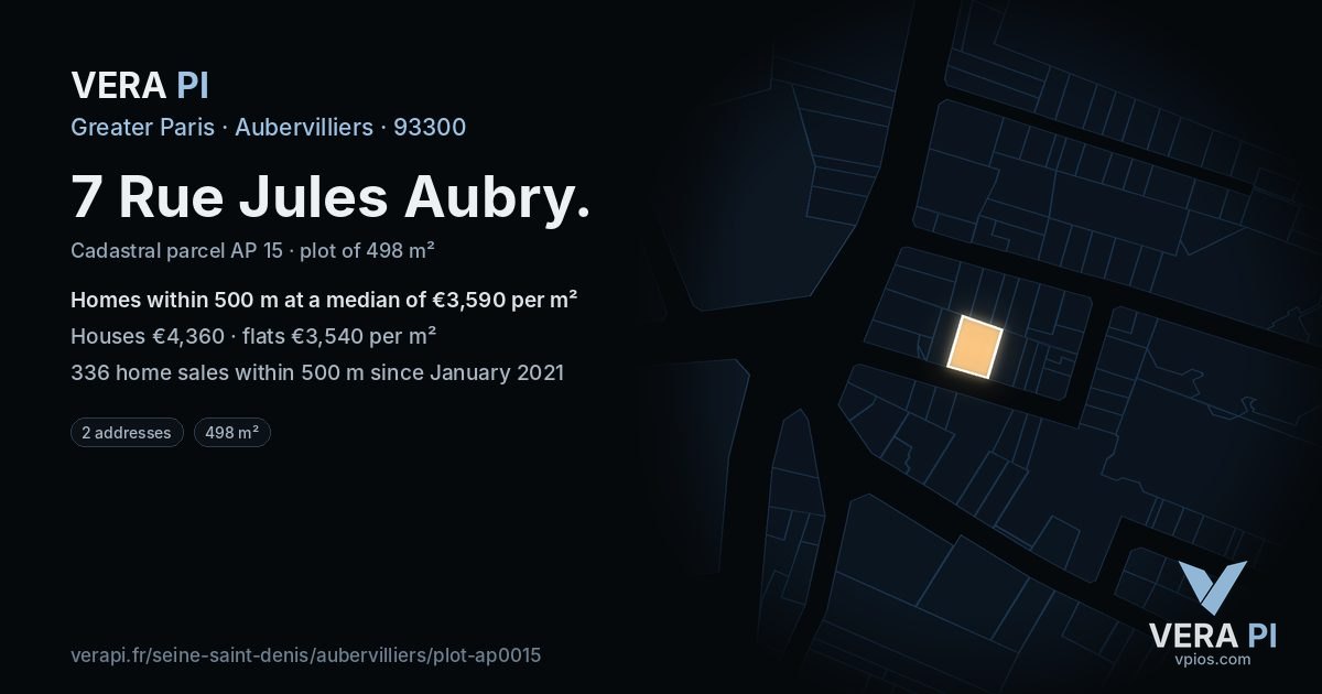 7 Rue Jules Aubry, Aubervilliers at night – the plot lit, the parcels around coloured by the prices near them