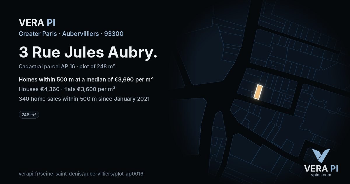3 Rue Jules Aubry, Aubervilliers at night – the plot lit, the parcels around coloured by the prices near them
