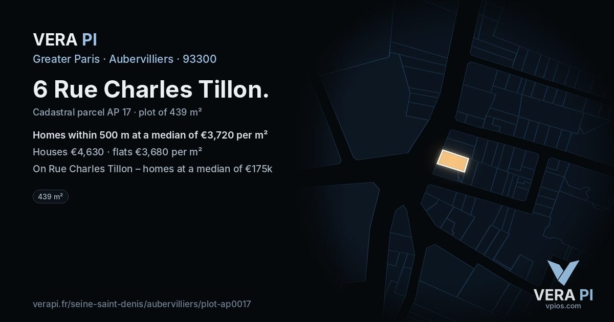 6 Rue Charles Tillon, Aubervilliers at night – the plot lit, the parcels around coloured by the prices near them