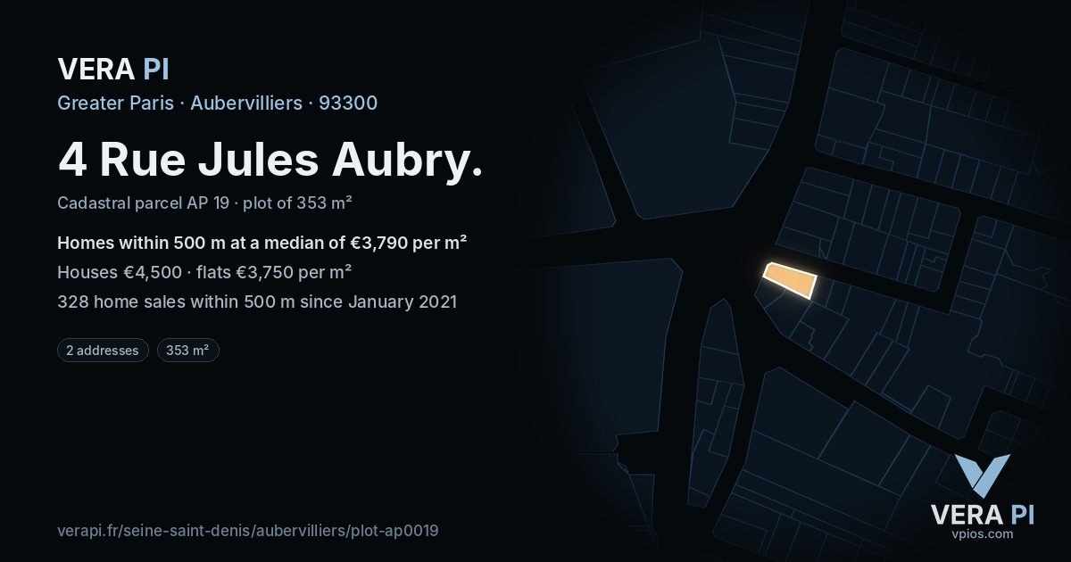 4 Rue Jules Aubry, Aubervilliers at night – the plot lit, the parcels around coloured by the prices near them