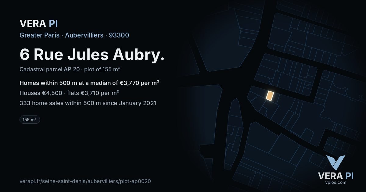 6 Rue Jules Aubry, Aubervilliers at night – the plot lit, the parcels around coloured by the prices near them