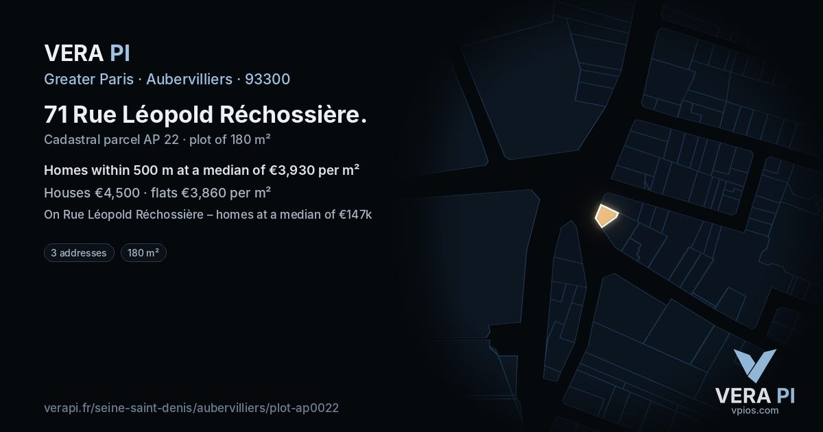 71 Rue Léopold Réchossière, Aubervilliers at night – the plot lit, the parcels around coloured by the prices near them