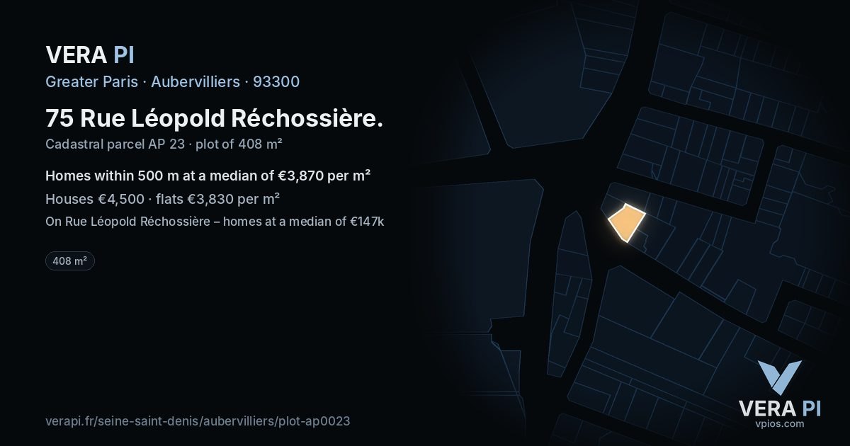 75 Rue Léopold Réchossière, Aubervilliers at night – the plot lit, the parcels around coloured by the prices near them