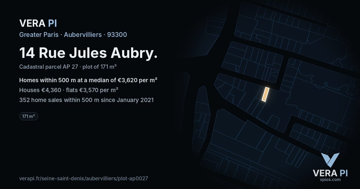 14 Rue Jules Aubry, Aubervilliers at night – the plot lit, the parcels around coloured by the prices near them