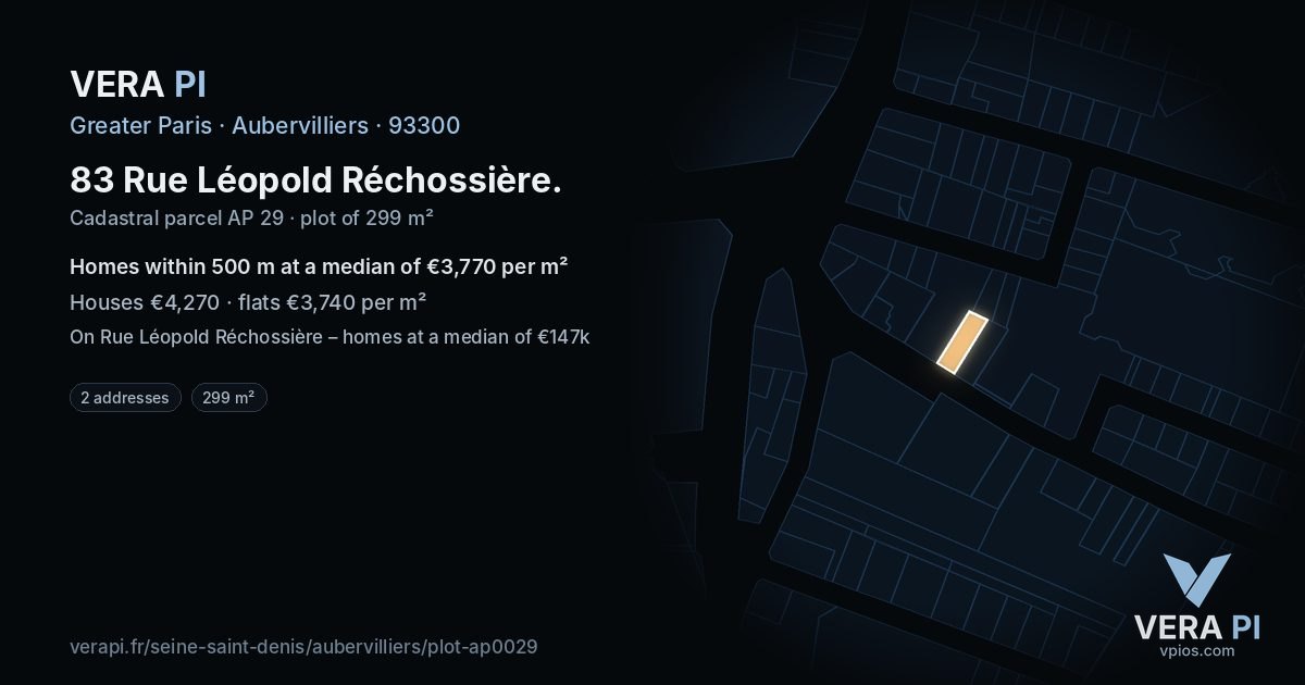 83 Rue Léopold Réchossière, Aubervilliers at night – the plot lit, the parcels around coloured by the prices near them
