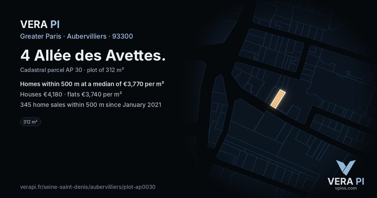4 Allée des Avettes, Aubervilliers at night – the plot lit, the parcels around coloured by the prices near them