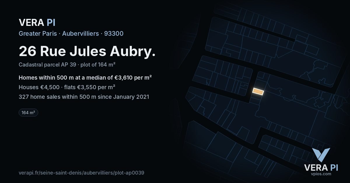 26 Rue Jules Aubry, Aubervilliers at night – the plot lit, the parcels around coloured by the prices near them