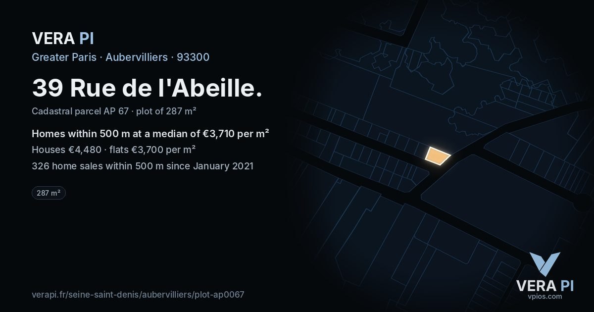 39 Rue de l'Abeille, Aubervilliers at night – the plot lit, the parcels around coloured by the prices near them