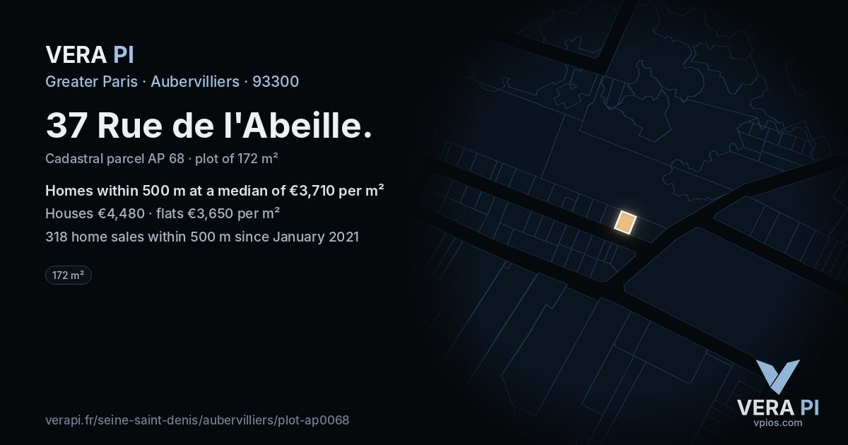 37 Rue de l'Abeille, Aubervilliers at night – the plot lit, the parcels around coloured by the prices near them