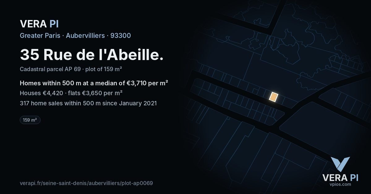 35 Rue de l'Abeille, Aubervilliers at night – the plot lit, the parcels around coloured by the prices near them