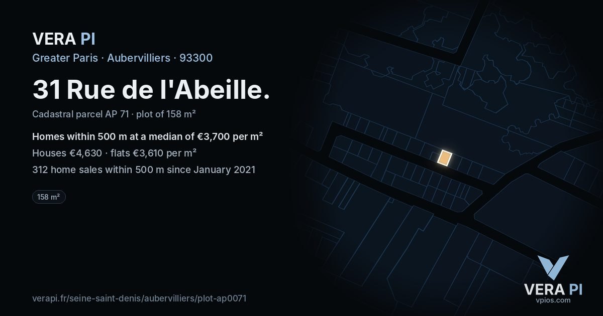 31 Rue de l'Abeille, Aubervilliers at night – the plot lit, the parcels around coloured by the prices near them