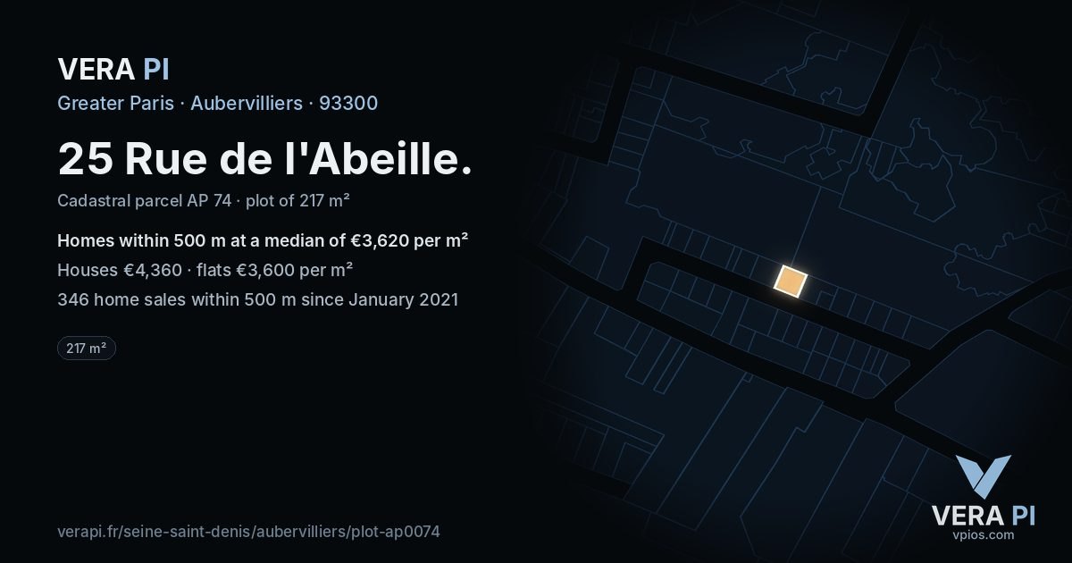 25 Rue de l'Abeille, Aubervilliers at night – the plot lit, the parcels around coloured by the prices near them