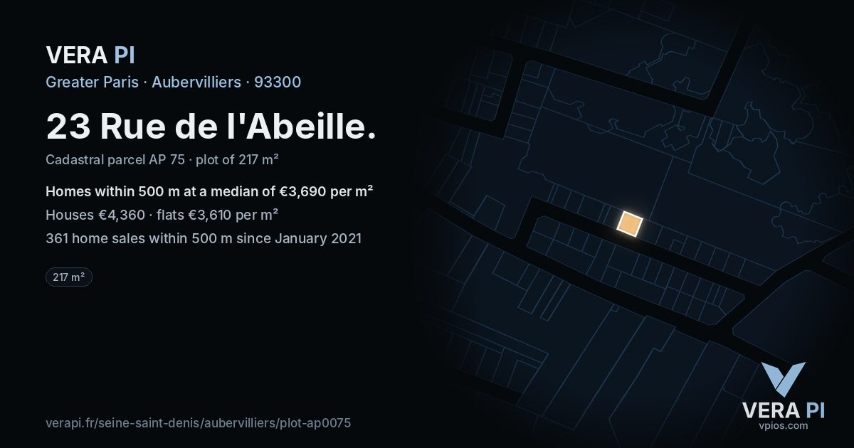 23 Rue de l'Abeille, Aubervilliers at night – the plot lit, the parcels around coloured by the prices near them